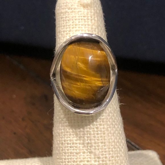 VINTAGE Sterling Silver Split Head Tension Mount Tigers Eye Ring - Picture 1 of 7